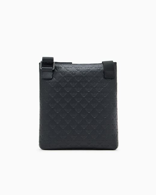 Emporio Armani Black Flat Leather Shoulder Bag With All-Over Embossed Eagle for men