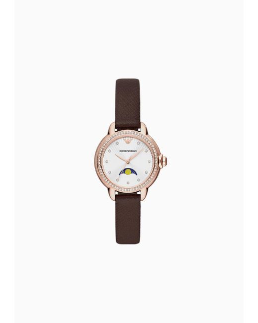 Emporio Armani White Three-hand Moonphase Brown Leather Watch