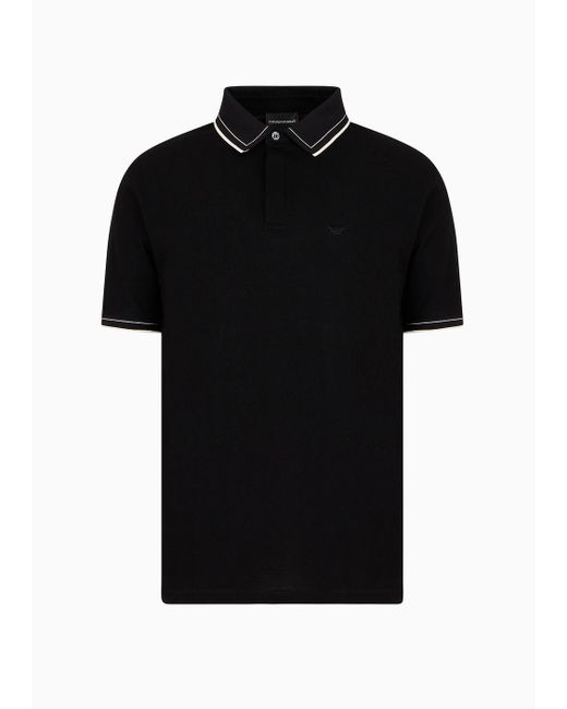 Emporio Armani Black Mercerised Piqué Polo Shirt With Monochromatic Micro-eagle Embroidery for men