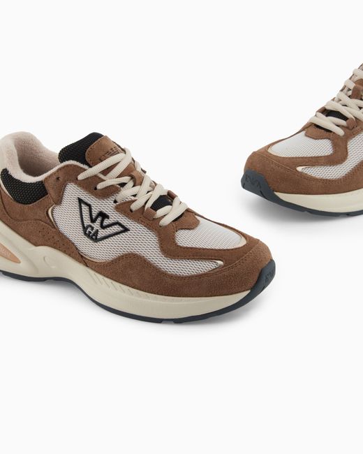 Emporio Armani White Mesh Sneakers With Suede Details And An Eagle Logo