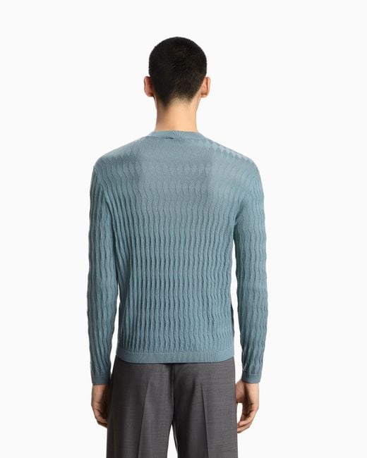 Emporio Armani Blue Diamond Stitch Virgin Wool Crewneck Sweater for men