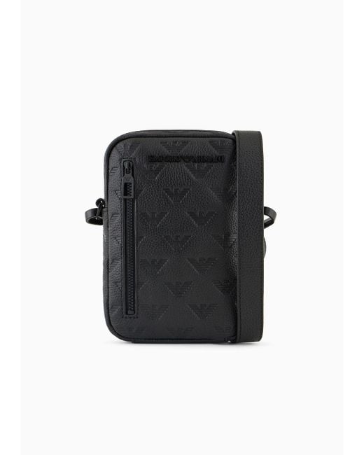 Emporio Armani Black Leather Tech Case With Shoulder Strap With All-over Embossed Eagle for men