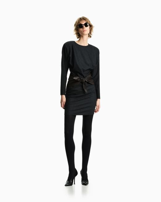 Emporio Armani Black Wool Cashmere Flannel Dress With Textured Waist Bow