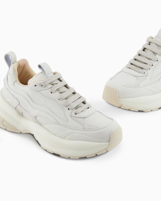 Emporio Armani White Leather Sneakers With Velvet Details And A Signature Logo