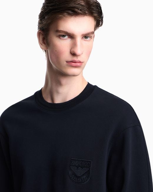 Emporio Armani Blue French Terry Jersey Sweatshirt With Shield Embroidery for men