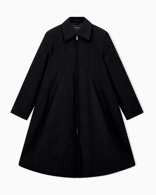 Emporio Armani Black Mixed Wool Twill Coat With Front Zip And Pointed Collar