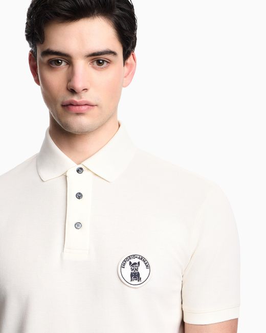 Emporio Armani White Piqué Polo Shirt With French Bulldog Patch for men