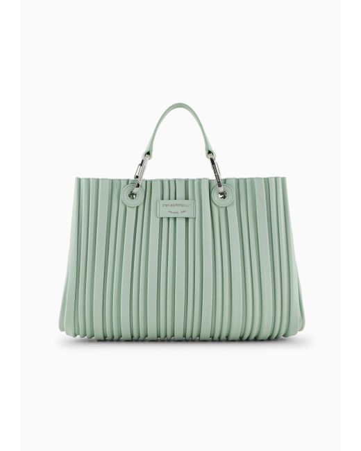 Emporio Armani Green Asv Myea Small Shopper Bag In Pleated, Recycled Faux Nappa Leather
