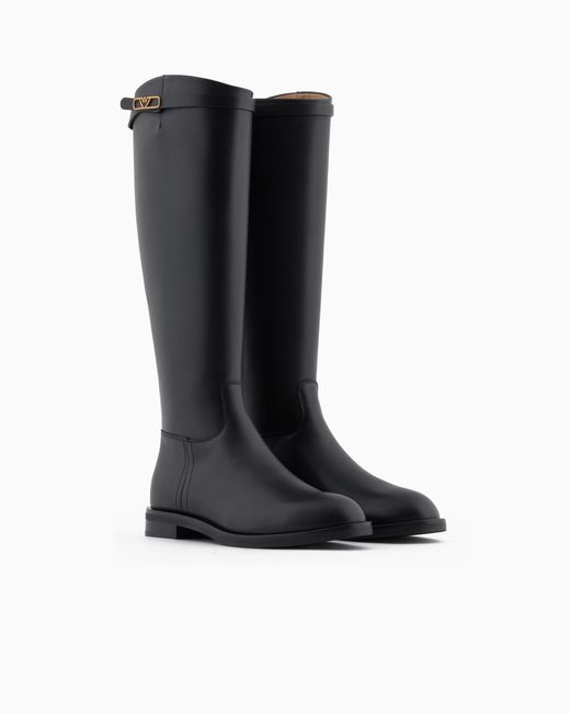 Emporio Armani Black Leather Boots With Strap And Eagle Plate