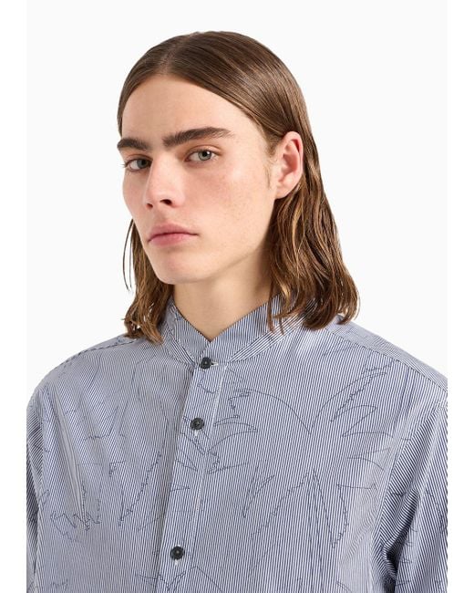 Emporio Armani Blue Comfort-fit Shirt With Guru Collar In Striped Cotton With A Palm-tree Print for men