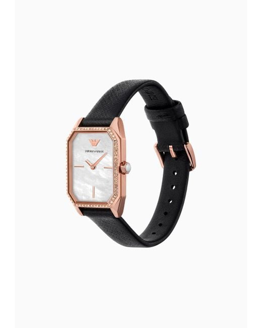 Emporio Armani White Two-hand Black Leather Watch And Rose Gold-tone Stainless Steel Bracelet Set