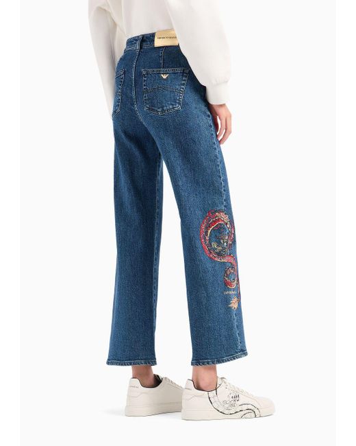 Emporio Armani Blue High-waisted Cropped Jeans In Comfort Denim With Embroidery