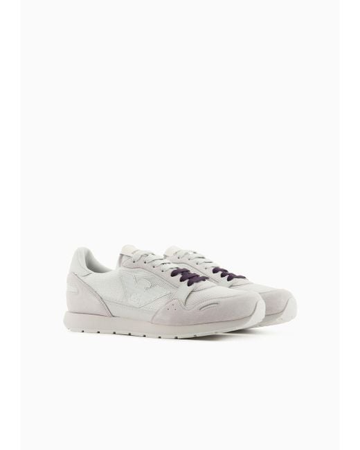 Emporio Armani White Mesh Sneakers With Suede Details And Eagle Patch for men