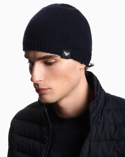 Emporio Armani Blue Pure Cashmere, Ribbed Beanie for men