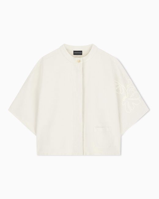 Emporio Armani White Linen-Blend Canvas Shirt Jacket With Embroidery