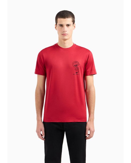Emporio Armani Red Armani Sustainability Values Lyocell-blend Jersey T-shirt With Dragon Embroidery for men
