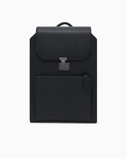 Emporio Armani Black Tumbled Top With Flap Leather Backpack And Laptop Sleeve for men