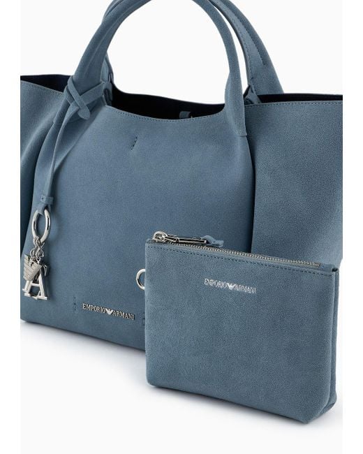 Emporio Armani Blue Split Cowhide Shopper Bag With Logo Charm