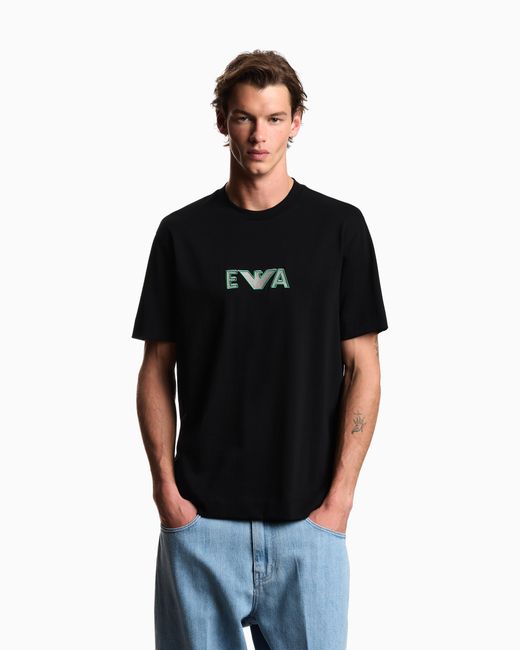 Emporio Armani Black Heavy Jersey T-Shirt With Metal Logo Embroidery for men