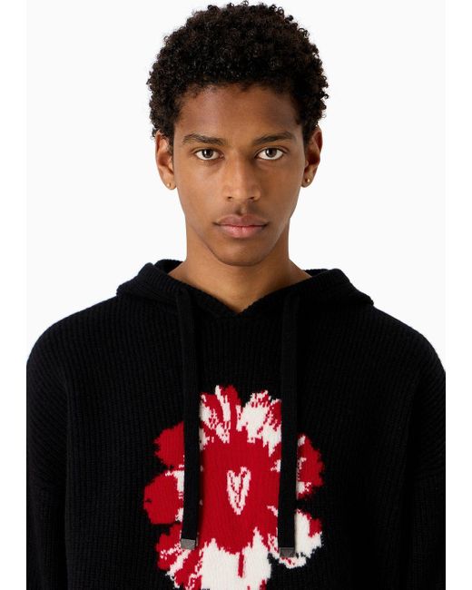 Emporio Armani Black Mon Amour Hooded Sweater In Virgin Wool With Half Fisherman's Rib for men