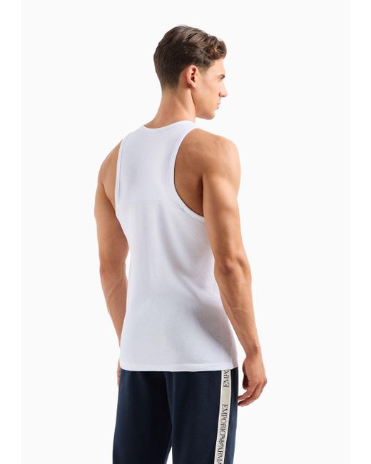 Emporio Armani White Ribbed Cotton Loungewear Tank Top With Micro Eagle Patch for men