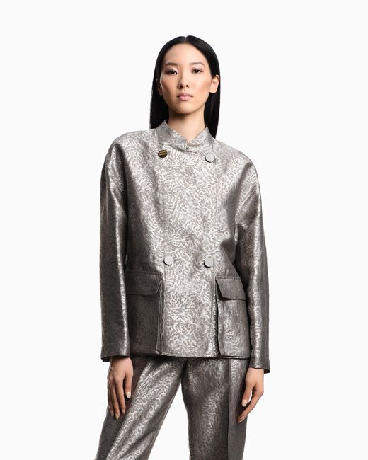 Emporio Armani Gray Camouflage Jacquard Linen-Blend Jacket With Drawstring