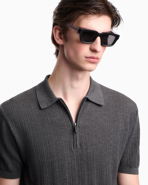 Emporio Armani Gray Vertical Tuck-Stitch Jumper With Polo-Shirt Collar for men