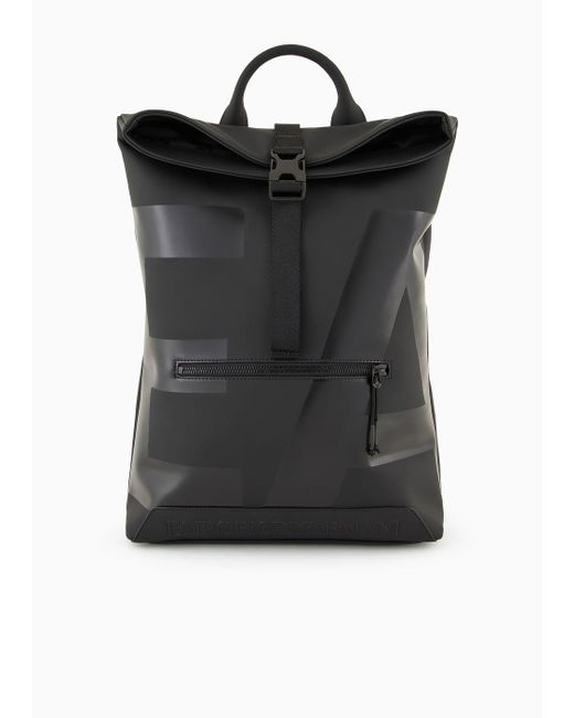 Emporio Armani Black Slim Backpack In Rubberised Material With Oversized Ea Logo for men