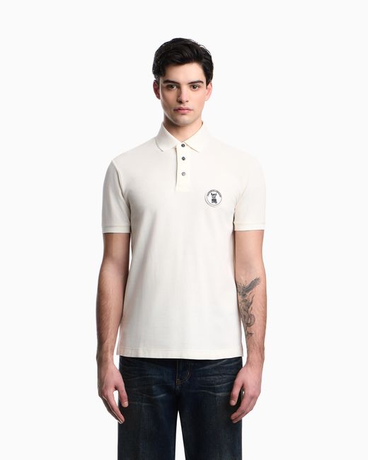 Emporio Armani White Piqué Polo Shirt With French Bulldog Patch for men