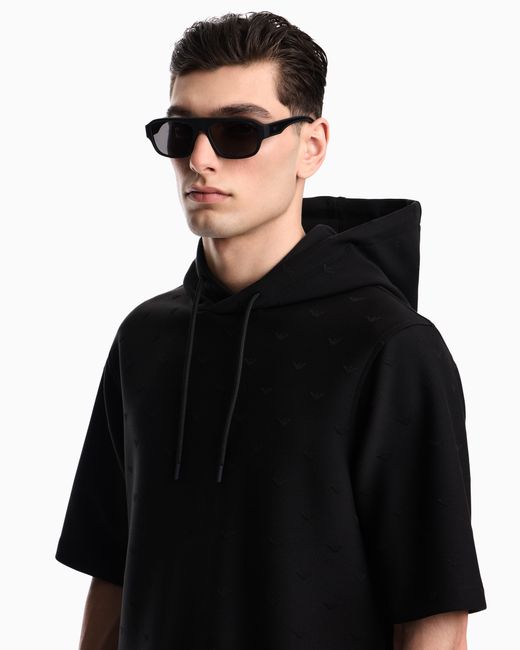 Emporio Armani Black Jacquard Jersey Hooded Sweatshirt With All-Over Micro Eagle for men