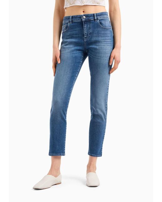Emporio Armani Blue J36 Mid-rise, Straight-leg Jeans In A Worn-effect Denim With Signature Logo Embroidery