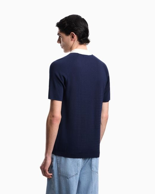 Emporio Armani Blue Plain-Knit Lyocell-Blend Jumper With Polo Shirt Collar for men