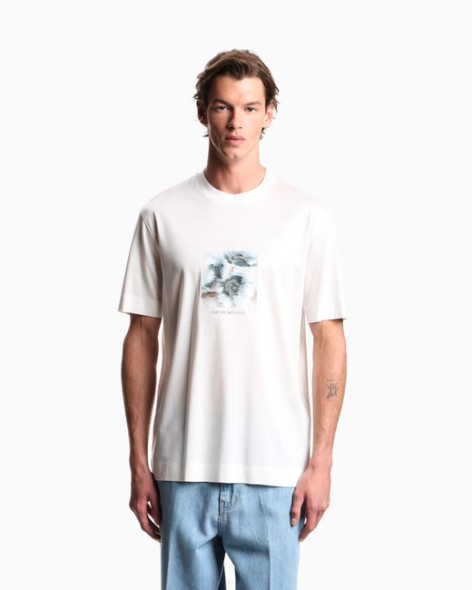 Emporio Armani White Lyocell Blend Jersey T-Shirt With Printed And Embroidered Graphic Design for men