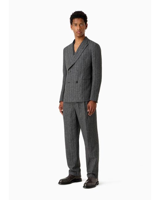 Emporio Armani Black Modern-fit Double-breasted Suit In A Mouliné Linen Blend With Pinstripes for men