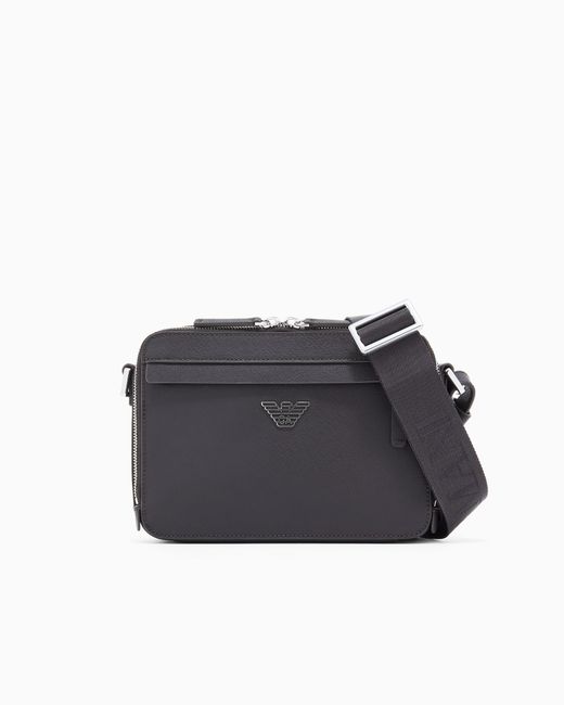 Emporio Armani Blue Textured Crossbody Bag With A Front Pocket And A Metal Logo for men