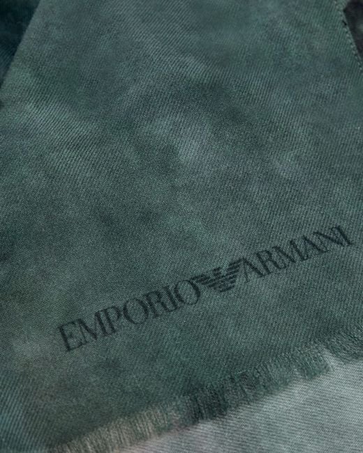 Emporio Armani Blue Fringed Virgin Wool Stole With An Abstract Watercolor Print
