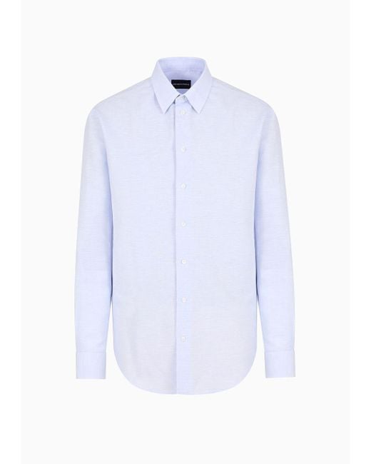 Emporio Armani White Classic-collar Shirt In A Linen-blend Chambray for men