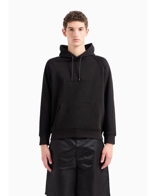 Emporio Armani Black Oversized, Hooded Jersey Sweatshirt With Embossed Logo for men