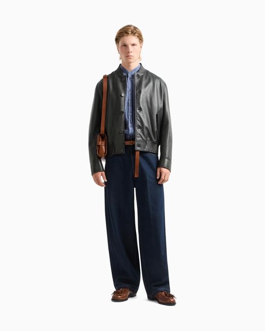 Camisa De Lino Teñido En Prenda Con Cuello De Tira Emporio Armani de hombre de color Blue