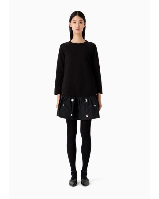 Emporio Armani Black French Terry Jersey-fleece Dress With A Taffeta Frill And Cabochon Gemstones