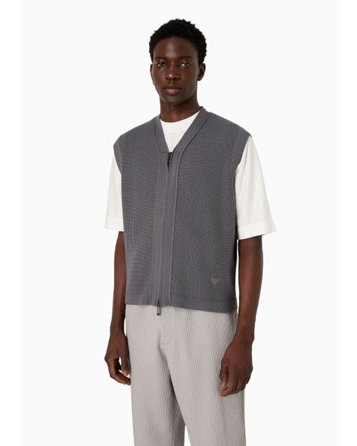 Emporio Armani Gray Zip-up Gilet In A Patterned-knit Virgin-wool Blend for men
