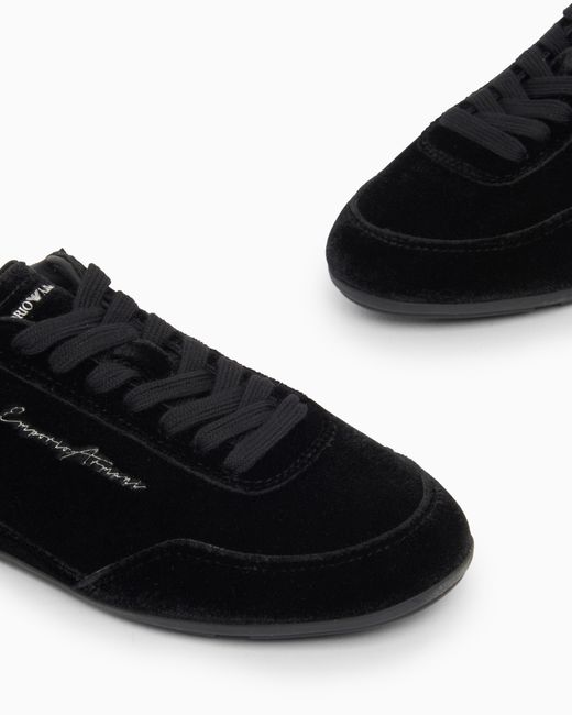 Emporio Armani Black Velvet Low-Top Sneakers With An Embroidered Side Logo