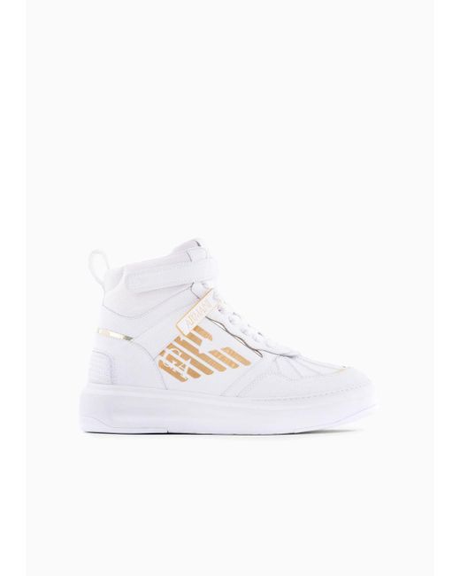 Emporio Armani White Leather High-top Sneakers With Laminated Eagle
