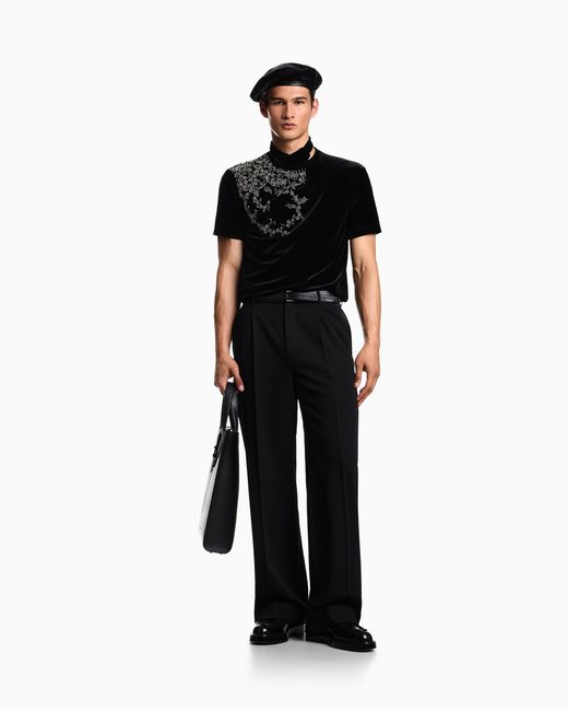 Emporio Armani Black Chenille Jersey T-Shirt With Beaded Embroidery for men