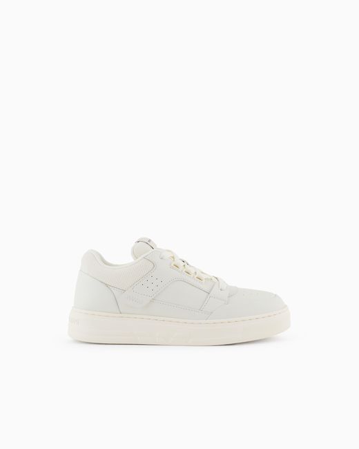 Emporio Armani White Mesh And Leather Sneakers With Contrasting Details