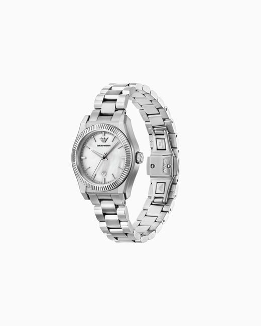 Emporio Armani White Three-Hand Stainless Steel Watch