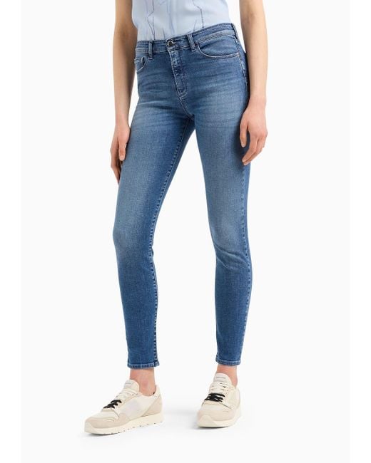 Emporio Armani Blue J20 High-waisted Super-skinny Jeans In A Worn-look Denim
