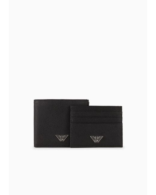 Emporio Armani Black Gift Box With Regenerated-leather Wallet And Card Holder With Eagle Plate for men