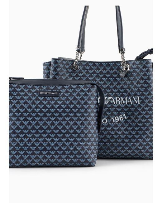 Emporio Armani Blue All-over Eagle Shopper Bag With Eagle Charm