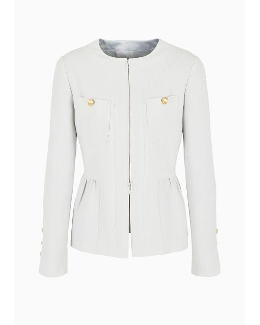 Emporio Armani White Double-breasted Jacket In Seersucker With Belt
